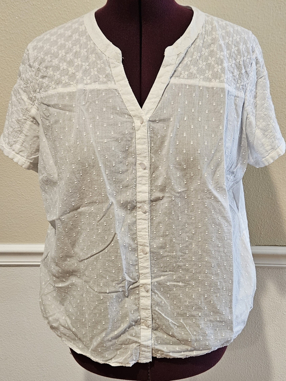 Erika White Swiss Dot Button-Down Short Sleeve Blouse